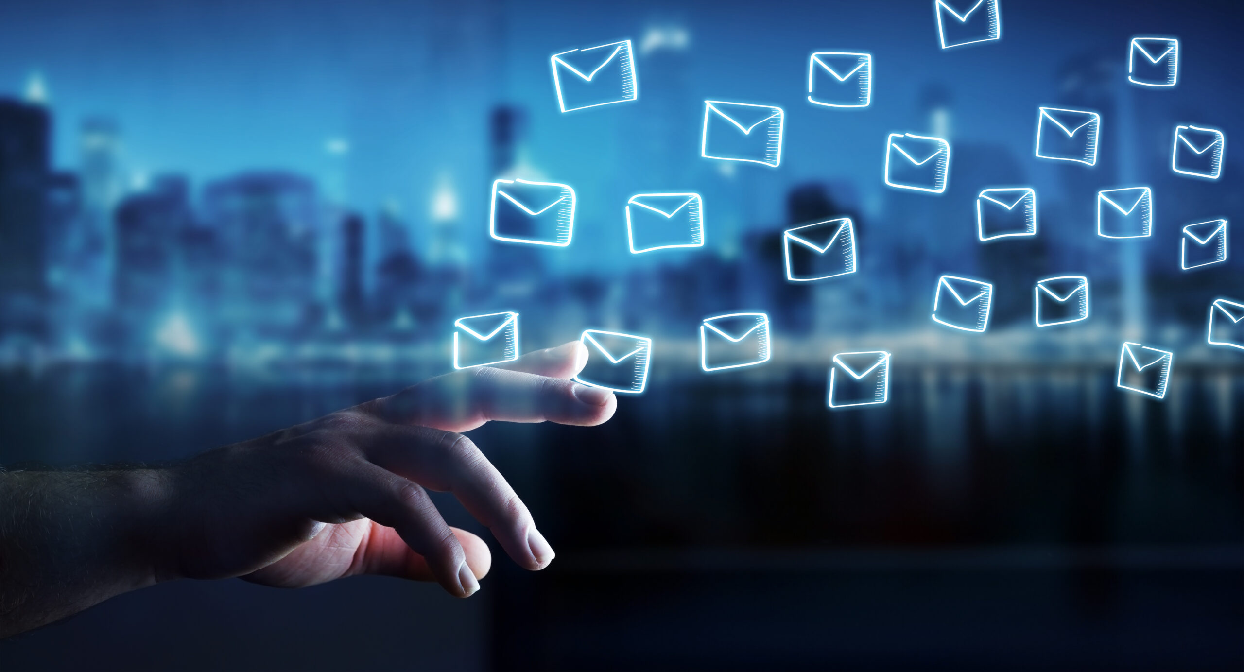 Businessman holding and touching floating emails sketch Newsletter